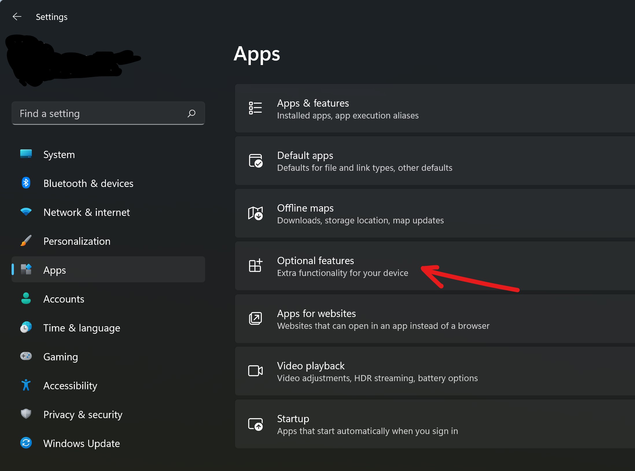 Apps optional features settings